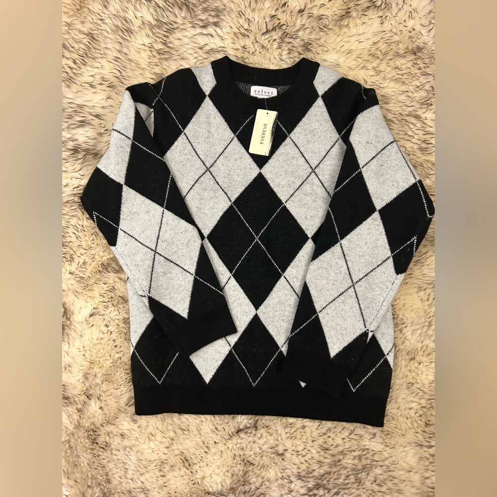 NWT Evereve Velvet Women’s S Oversized White/Black Argyle Pullover Sweater Knit